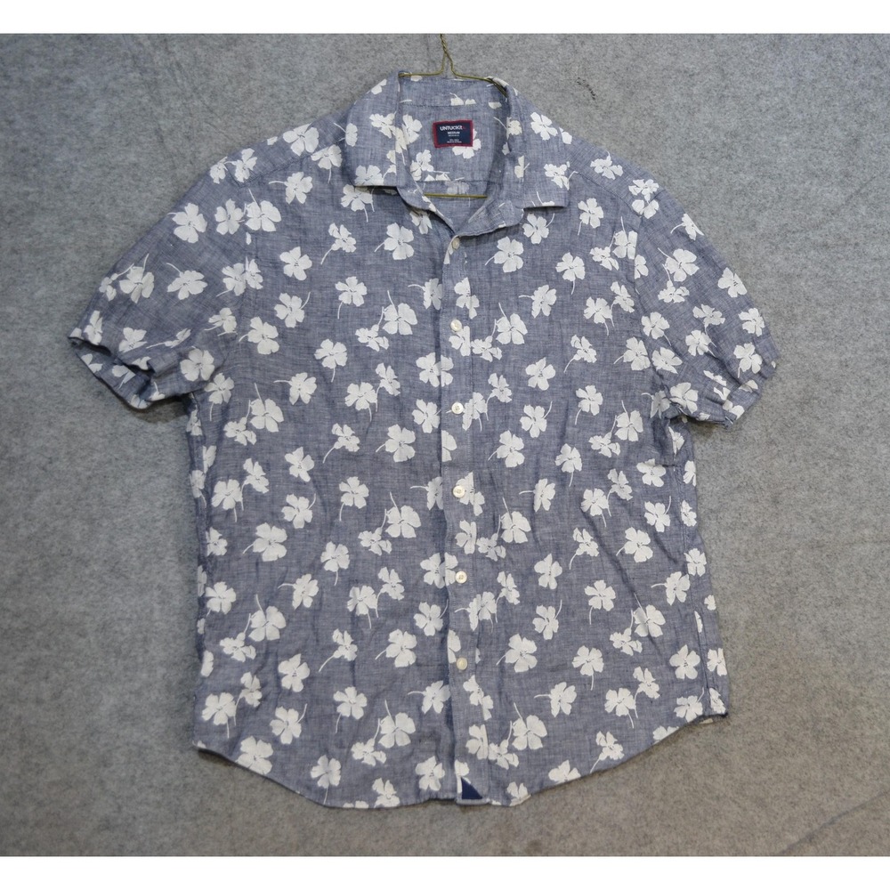 UNTUCKit Shirt Men M Blue Pure Linen Floral Bonner Short Sleeve Button Up Casual